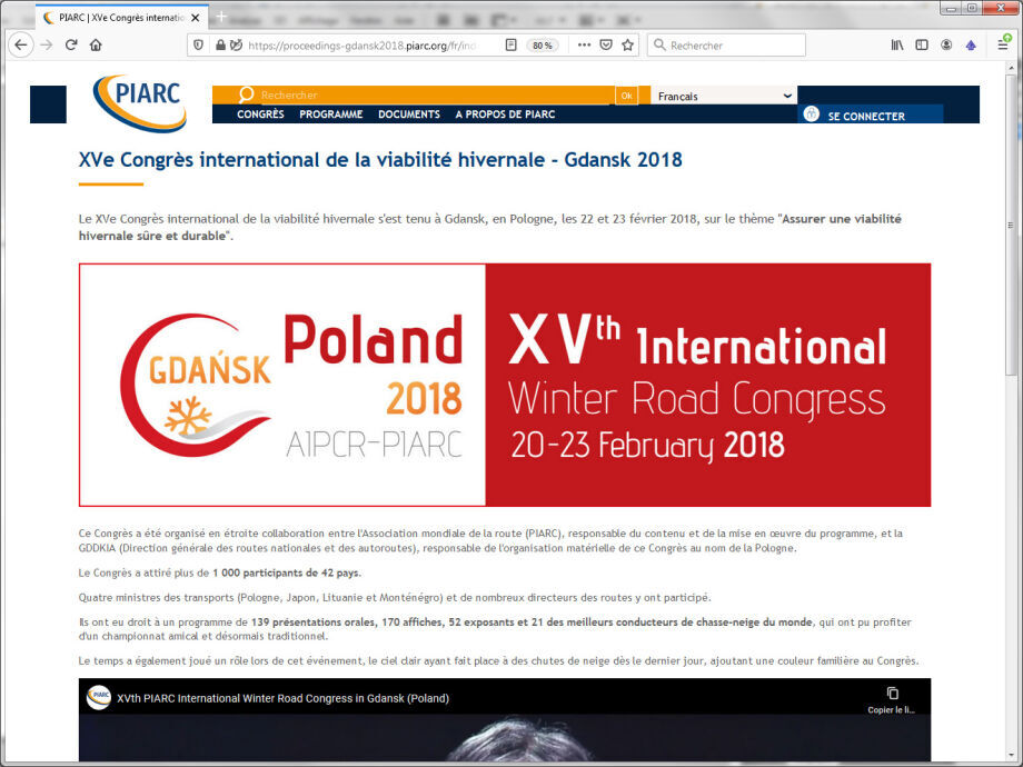 Página web de las Actas Finales del XVº Congreso Internacional de ñla Vialidad Invernal de Gdańsk 2018 - PIARC