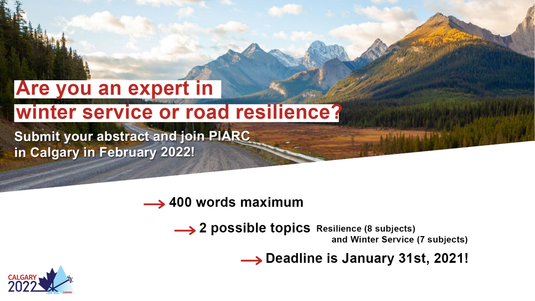 Are you an expert in winter service or road resilience? Share your
professional achievements by submitting a 400-word abstract by January
31, 2021!